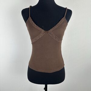 Hesperus Cropped Cami Tank Top Sz Small Brown Lace Detail Spaghetti Strap Ribbed